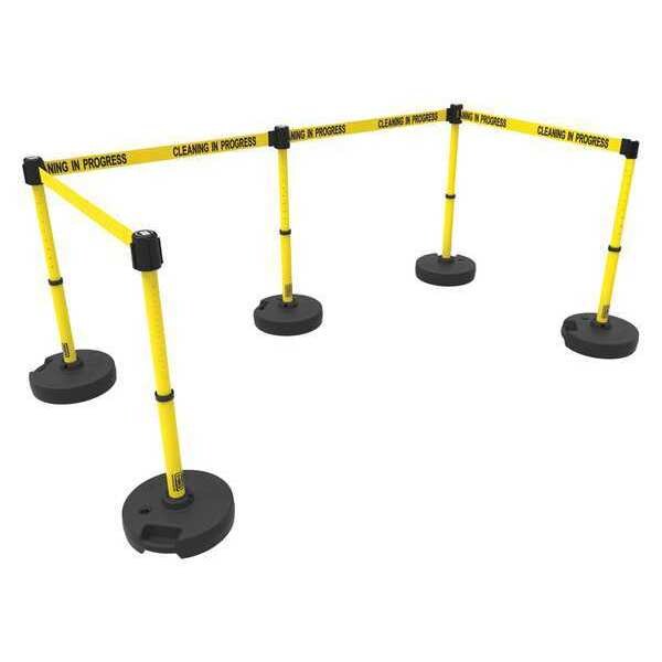Banner Stakes Barrier Post with Belt, Yellow, 15 ft Length, 22 in to 42 in Adjustable Post Height - PL4588