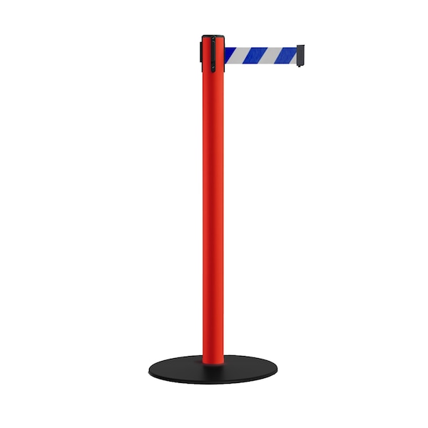 Montour Line Retractable Belt Stanchion, Low Base, 2.5" Red Post  9' Blu/Wh Belt - S400-RD-BWD-90
