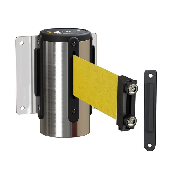 Montour Line Retr. Belt Barrier Fxd Pol. Stainless, Metal Wall Mt 8.5' YLW Belt - MWM100-PS-YW-F-M-85