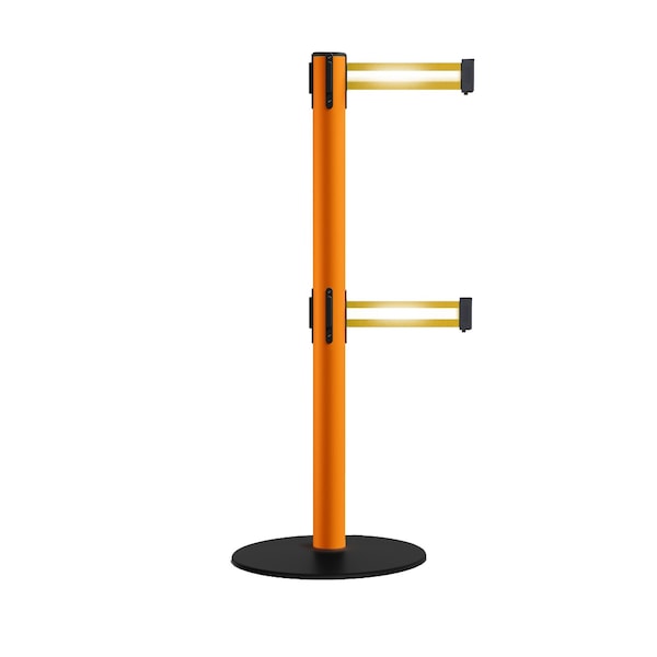 Montour Line Retractable Dbl Belt 2.5" Orange Post , Low Base, 9' Y Ref. Belt - S400D-OR-YRH-90
