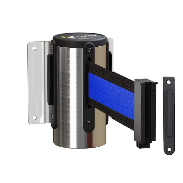 Montour Line Retr Belt Barrier Wall Mt PSS Fxd, 11' Black Horzntl Blue Stripe Belt - WM115-PS-BBH-F-S-110