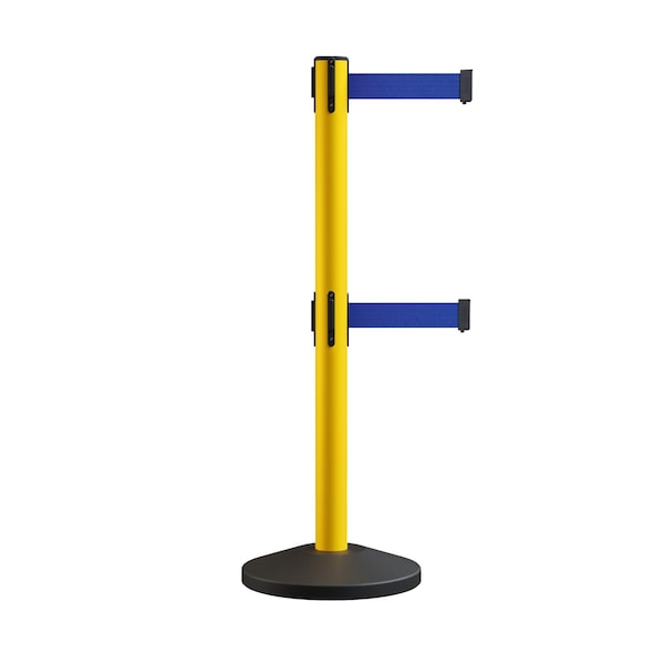 Montour Line Retractable Dbl Belt Rolling Stanchion, 2.5in YW Post  11' Dk Blu Belt - ES400D-YW-DBL-110