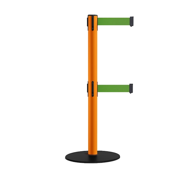 Montour Line Retractable Dbl Belt 2.5" Orange Post , Low Base, 9' Green Belt - S400D-OR-GN-90