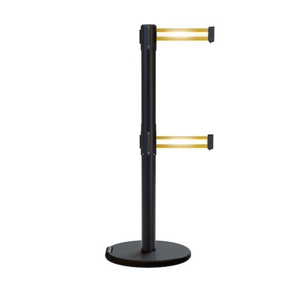 Montour Line Retractable Double Belt Rolling Stanchion, Yellow Reflective, 7.5 ft Length, 2.5 ft Post Height - P400DRL-BK-YRH-75