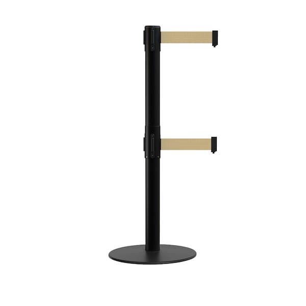 Montour Line Stanchion Dual Belt Barrier Flat Base Black Post 13ft. Lt BrownBelt - S400D-BK-LBN-130