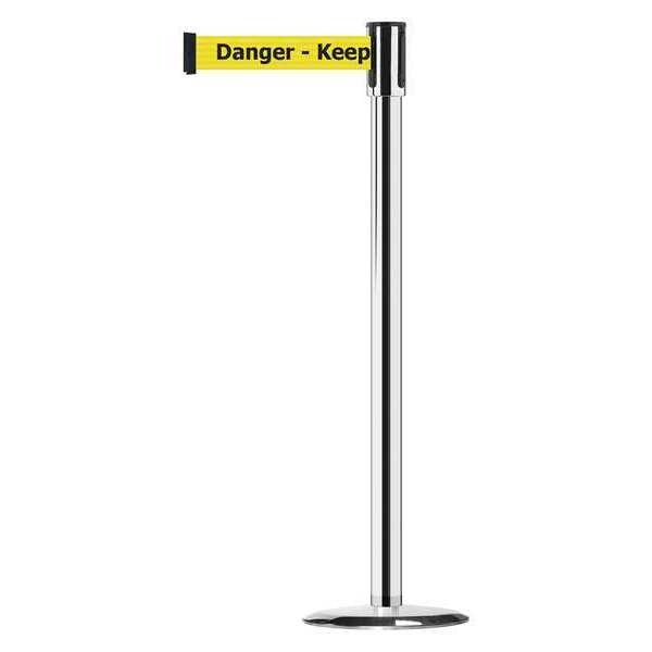 Tensabarrier Barrier Post with Belt, Polished Chrome, 13 ft Length, 38 in Post Height, Danger Keep Out - 890U-1P-1P-1P-MAX-NO-YDX-C