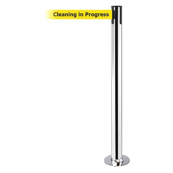 Tensabarrier Barrier Post with Belt, 13 ft Length, 36 1/2 in Post Height, Cleaning in Progress, Polished chrome - 889F-1P-1P-MAX-NO-YCX-C