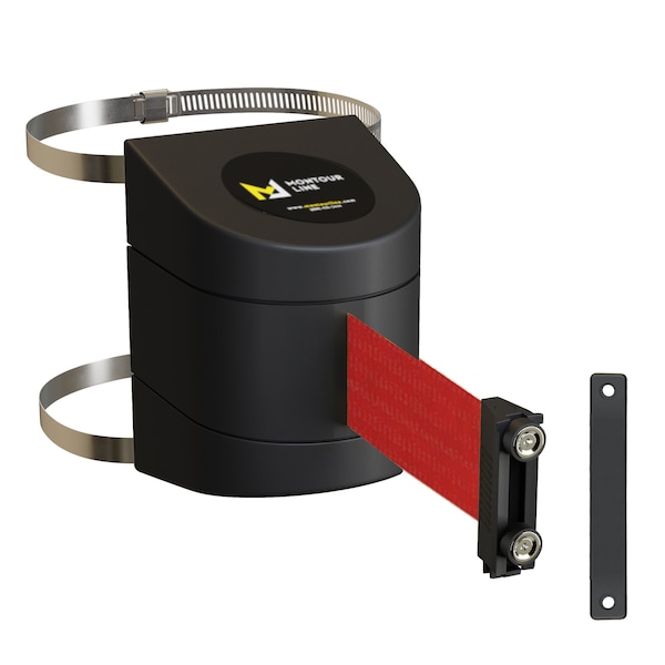 Montour Line Retractable Belt Barrier Black Clamped Wall Mount, 11ft. Red Belt (M) - PWM200-BK-RD-C-M-110