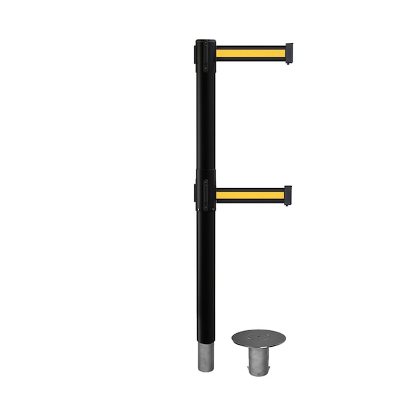 Montour Line Stanchion Dual Belt Bar.Removable Base Black Post 7.5ftBk/Y H Belt - P400DR-BK-BYH-75