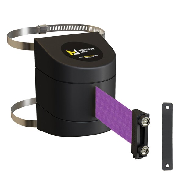 Montour Line Retractable Belt Barrier Black Clamped Mount, 30ft. Purple Belt (M) - PWM300-BK-PE-C-M-300