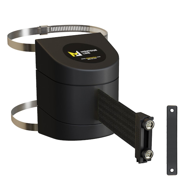 Montour Line Retractable Belt Barrier Black Clamped Wall Mount, 9ft. Black Belt (M) - PWM200-BK-BK-C-M-90