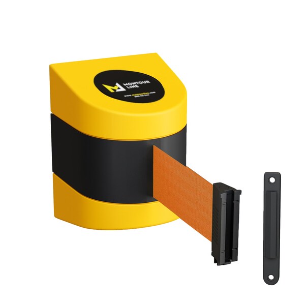Montour Line Retractable Belt Barrier YW Fixed Wall Mount 9' Orange Belt (F) - PWM200-YW-OR-F-S-90