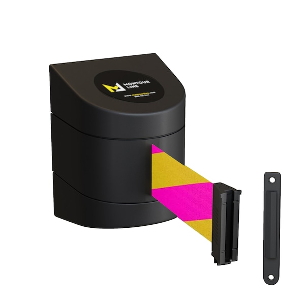 Montour Line Retractable Belt Barrier Black Fixed Wall Mount 13' Mag/Ye Belt (F) - WMX140-BK-MYD-F-S-130