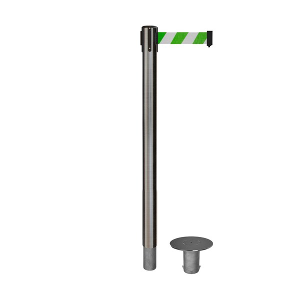 Montour Line Stanchion Belt Barrier Removable Base Sat.Steel Post 11ft.Grn/Wh Belt - P400R-SS-GWD-110