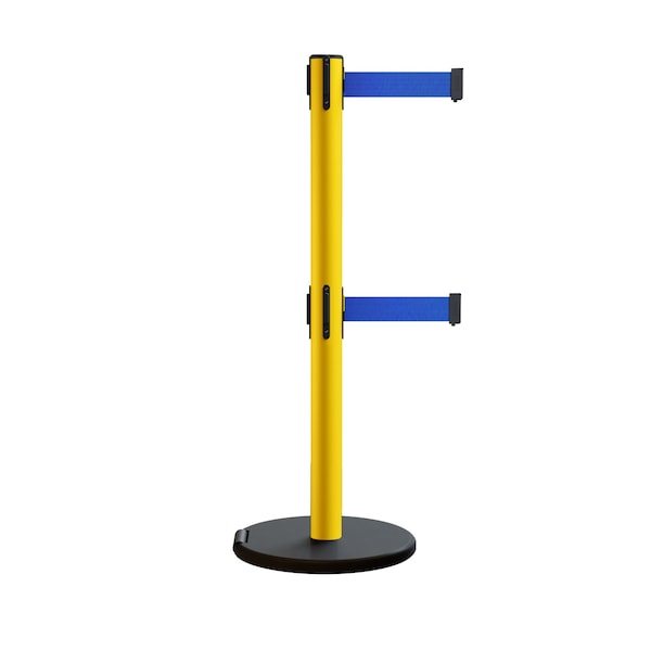 Montour Line Retractable Double Belt Rolling Stanchion, Blue, 11 ft Length, 2.5 ft Post Height - P400DRL-YW-BL-110