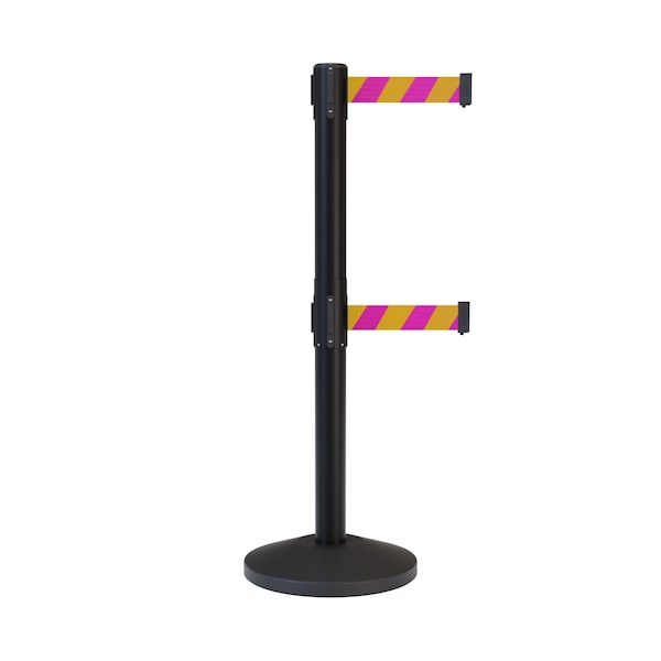 Montour Line Stanchion Dual Belt Barrier Black Post 9ft. Mag/Ye Belt - ES400D-BK-MYD-90