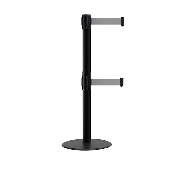 Montour Line Stanchion Dual Belt Barrier Flat Base Black Post 13ft. Lt Grey Belt - S400D-BK-LGY-130