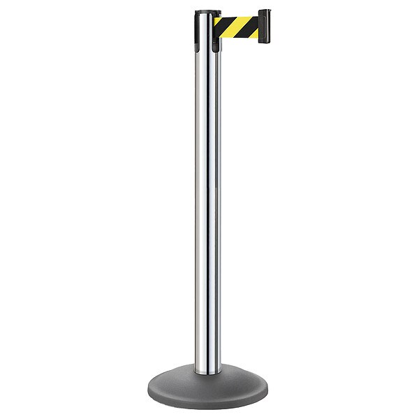 Lavi Industries Barrier Post with Belt, Gray, 10 ft Length, 38 1/2 in Post Height, No Legend, Polished chrome - 26-20400CL/SF/KIT