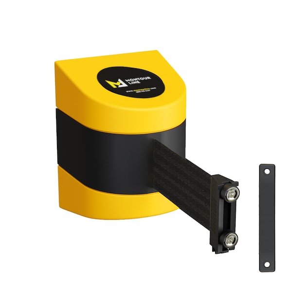 Montour Line Retractable Belt Barrier YW Magnetic Wall Mount 9' Black Belt (M) - PWM200-YW-BK-M-M-90
