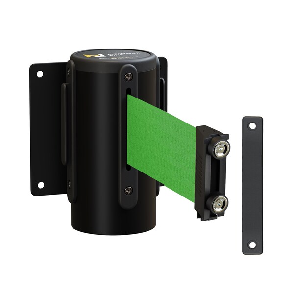 Montour Line Retr. Belt Barrier Fxd Black Metal Wall Mt 8.5' Green Belt - MWM100-BK-GN-F-M-85