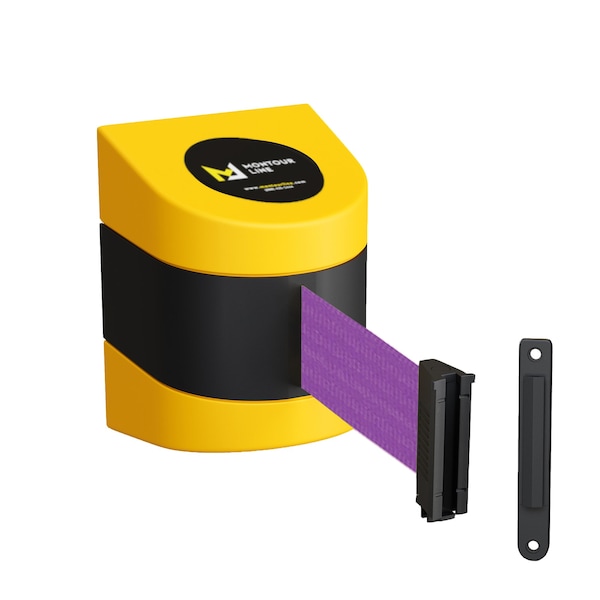 Montour Line Retractable Belt Barrier YW Fixed Wall Mount 30' Purple Belt (F) - PWM300-YW-PE-F-S-300