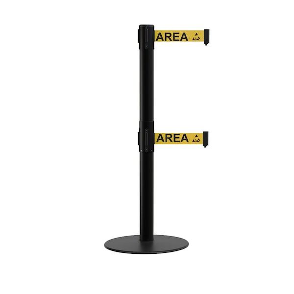 Montour Line Stanchion Dual Belt Barrier Flat Base Black Post 9ft.Area Belt - S400D-BK-ESDPRYB-90
