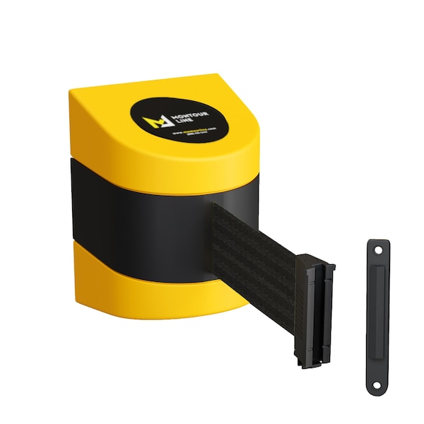 Montour Line Retractable Belt Barrier YW Fixed Wall Mount 25' Black Belt (F) - PWM300-YW-BK-F-S-250