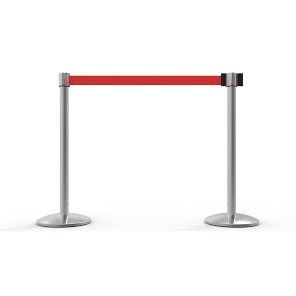 Banner Stakes Retractable Belt Barrier, Red, 7 ft Length, Polished Chrome - AL6207C