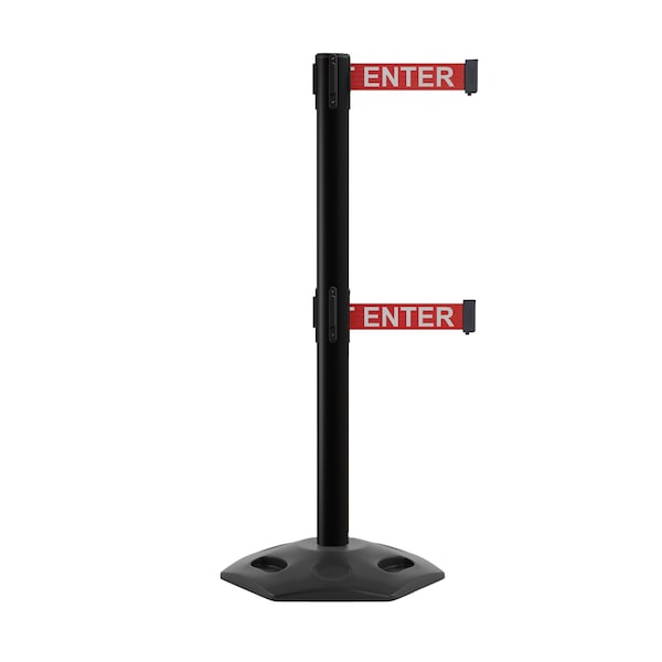 Montour Line Stanchion Dual Belt Barr. Rubber Base Black Post 7.5ftR.Cau.Belt - P400DRB-BK-CAURW-75