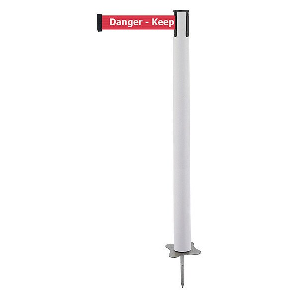 Tensabarrier Barrier Post with Belt, White, 13 ft Length, 43 in Post Height, Danger Keep Out, Unfinished - 884-32-MAX-RHX-C