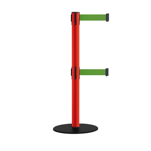 Montour Line Retractable Dbl Belt 2.5" Red Post , Low Base, 9' Green Belt - S400D-RD-GN-90