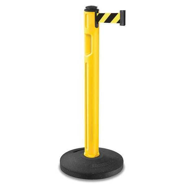 Lavi Industries Barrier Post with Belt, Yellow, 12 ft Length, 38 1/4 in Post Height, No Legend, Textured - 80-5000R/YL/SF