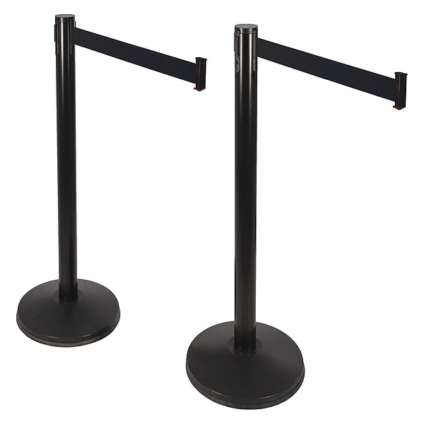 Retracta-Belt Prime Barrier Post with Belt, Black, 10 ft Length, 40 in Post Height, No Legend, Black - 101SB-BK-2PK