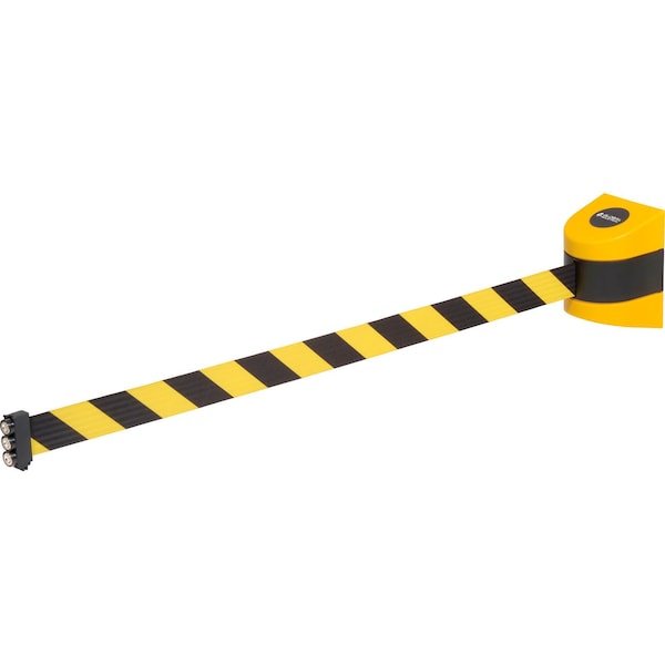 Global Industrial Magnetic Retractable Belt Barrier, Black Case W/ 30ft Black/Yellow Belt - 708419YB