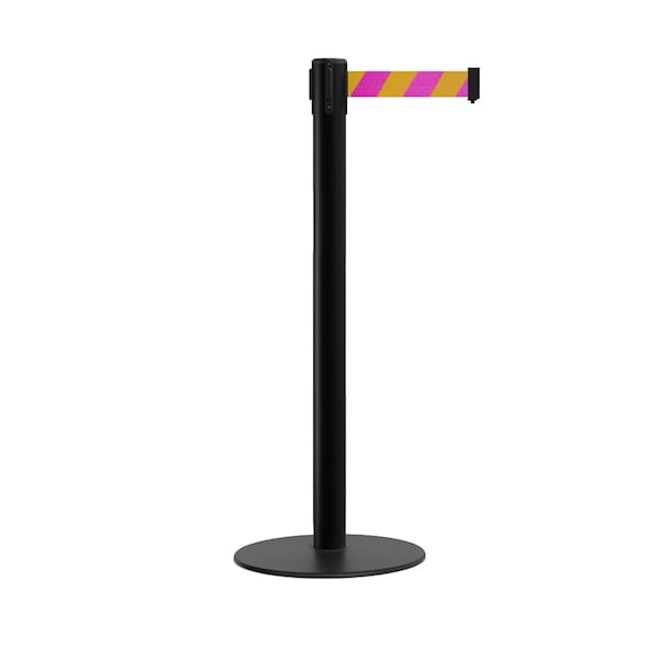 Montour Line Stanchion Belt Barrier Flat Base Black Post 9 ft. Magenta/Yellow Belt - S400-BK-MYD-90