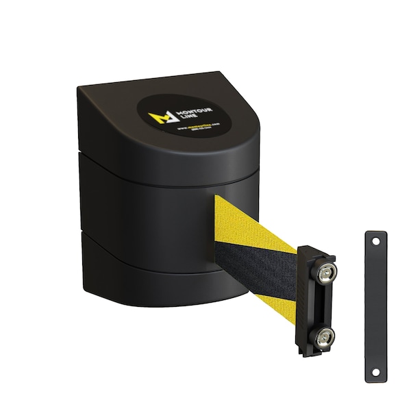 Montour Line Retractable Belt Barrier, Wall Mount, Black Magnetic 15 ft. Black/Yellow Belt - WMX140-BK-BYD-M-M-150