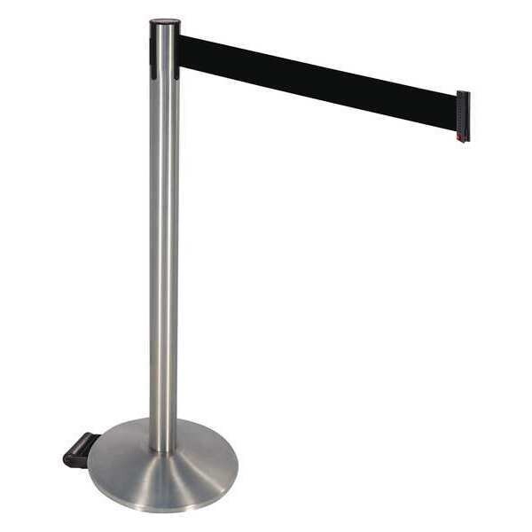 Retracta-Belt Barrier Post with Belt, Gray, 10 ft Length, 40 in Post Height, No Legend, Satin Chrome - 334SASS-BK