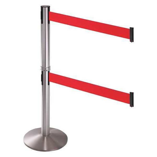 Retracta-Belt Barrier Post with Belt, Gray, 10 ft Length, 40 in Post Height, No Legend, Satin Chrome - 330DSASS-RD