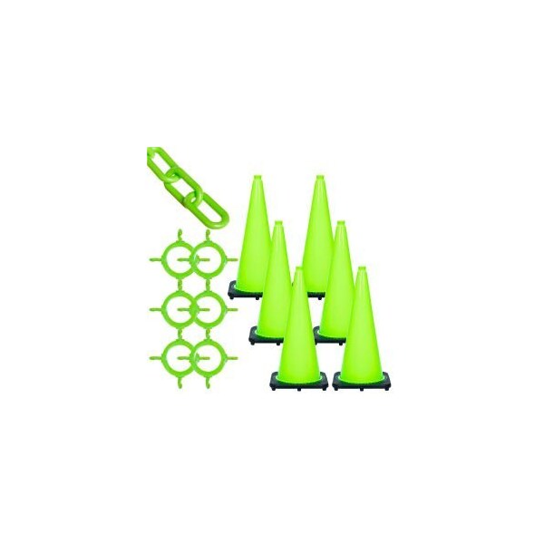 Global Equipment Mr. Chain 93214-6 Traffic Cone & Chain Kit - Safety Green, 93214-6 - 93214-6