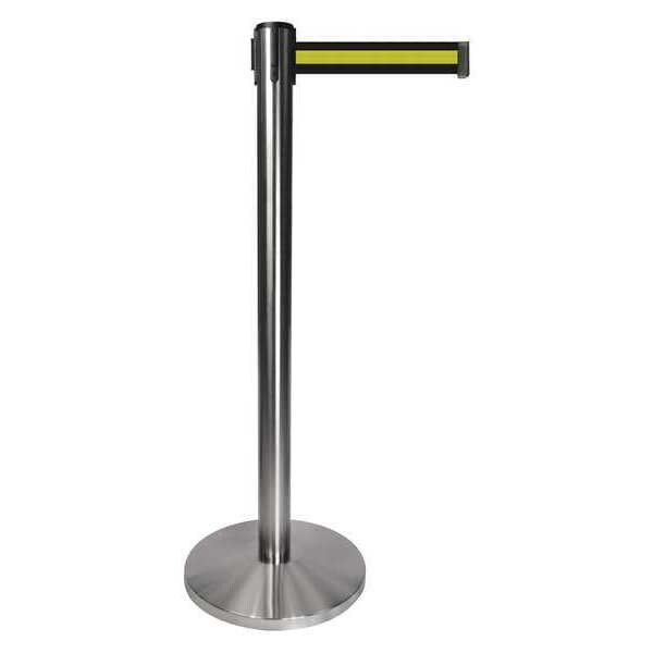 Queueway Barrier Post with Belt, Gray, 10 ft Length, 40 in Post Height, No Legend, Satin Chrome - QPLUS-1S-S4