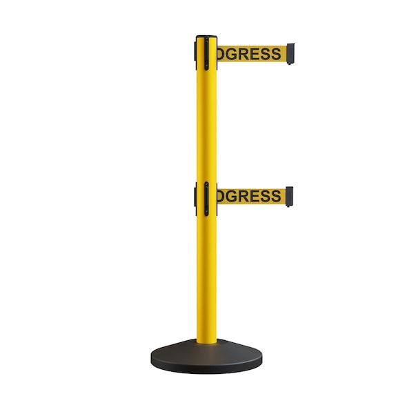 Montour Line Retractable Dbl Belt Rolling Stanchion, 2.5in YW Post  9' Clea.Belt - ES400D-YW-CLEANYB-90