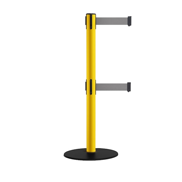 Montour Line Retractable Dbl Belt 2.5" YW Post , Low Base, 7.5'Lt Gry Belt - S400D-YW-LGY-75