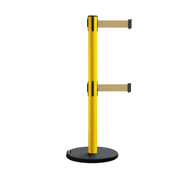 Montour Line Retractable Belt Dbl Rolling Stanchion 2.5ft Yellow Post 11ft. Lt Brwn - P400DRL-YW-LBN-110