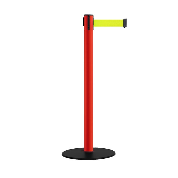 Montour Line Retractable Belt Stanchion, Low Base, 2.5" Red Post  9' Fl.Yel Belt - S400-RD-FYW-90