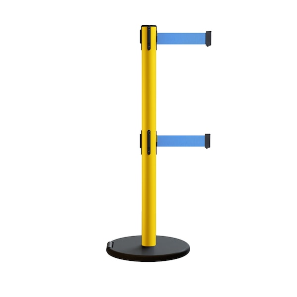 Montour Line Retractable Belt Dbl Rolling Stanchion 2.5ft Yellow Post  11ft. Lt Blu - P400DRL-YW-LBL-110