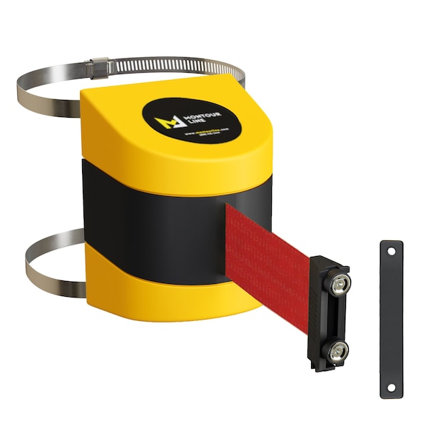 Montour Line Retractable Belt Barrier YW Clamped Wall Mount, 13' Red Belt (M) - PWM200-YW-RD-C-M-130