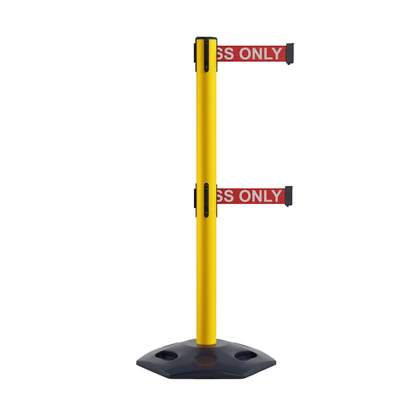 Montour Line Stanchion Dual Belt Barr. Rubber Base Yellow Post 7.5ftR.Auth.Belt - P400DRB-YW-AUTHRW-75