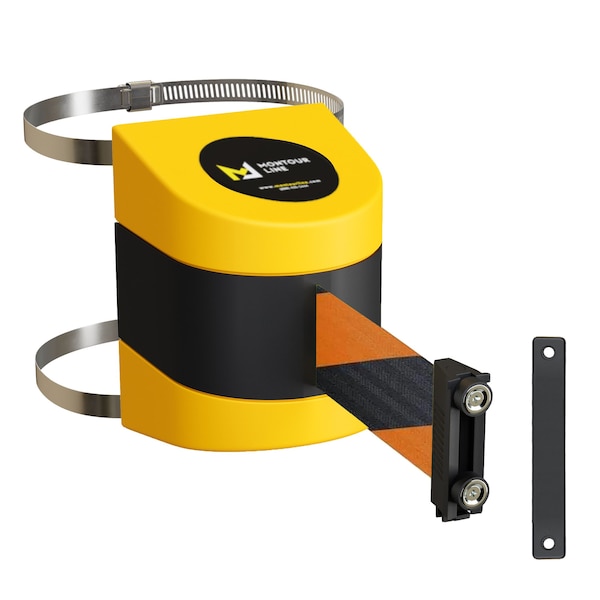 Montour Line Retractable Belt Barrier Yellow Clamped Mount, 25ft. Blk/Or Belt (M) - WMX160-YW-BOD-C-M-250