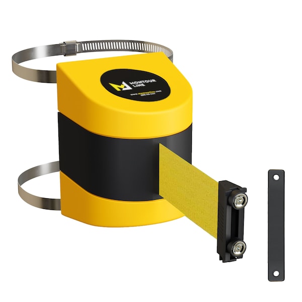 Montour Line Retractable Belt Barrier YW Clamped Wall Mount, 9' YW Belt (M) - PWM200-YW-YW-C-M-90