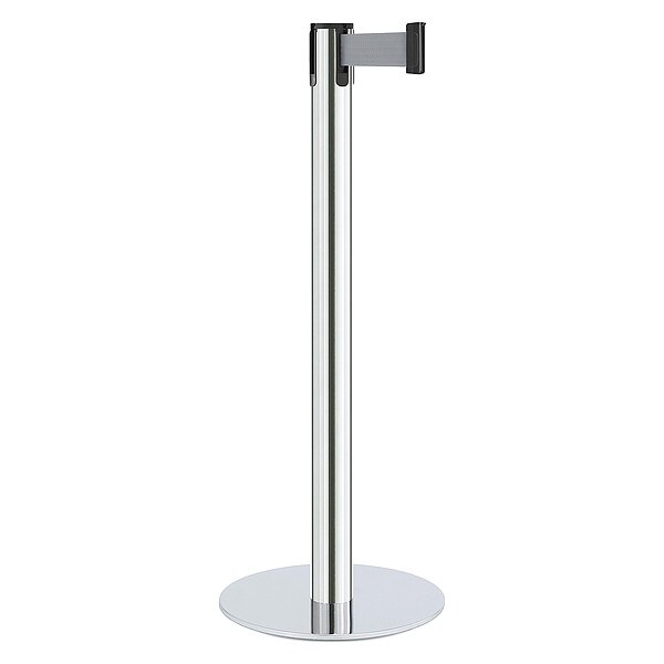 Lavi Industries Barrier Post with Belt, Silver, 7 ft Length, 40 in Post Height, No Legend, Satin Chrome - 44-40703/GY